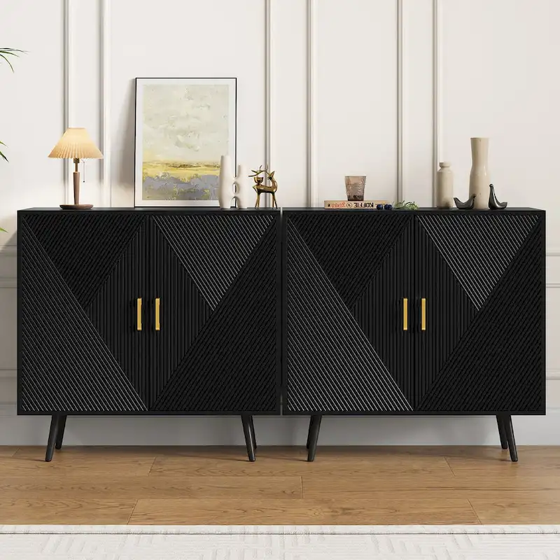 Black Modern 4-Door Sideboard Buffet Cabinet with Gold Handles, Adjustable Shelves & Black Iron Legs, 70.1 Inch