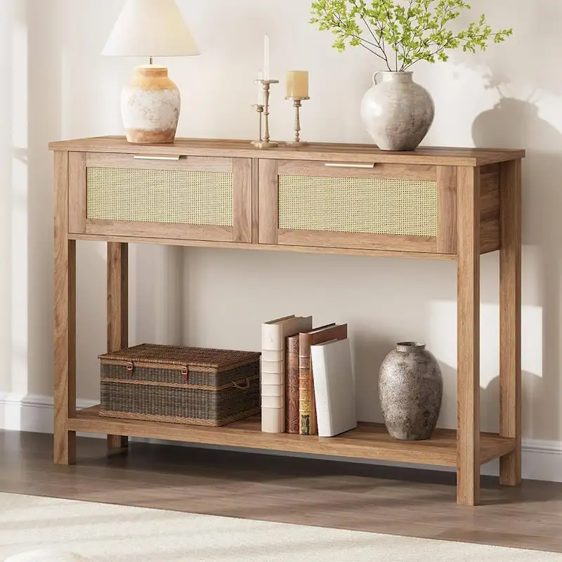 Entryway Table, Console Table with 2 Rattan Drawers