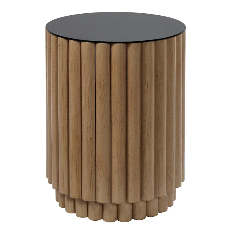 Drum-Shaped Side Table with Fluted Wood Base and Black Glass Top