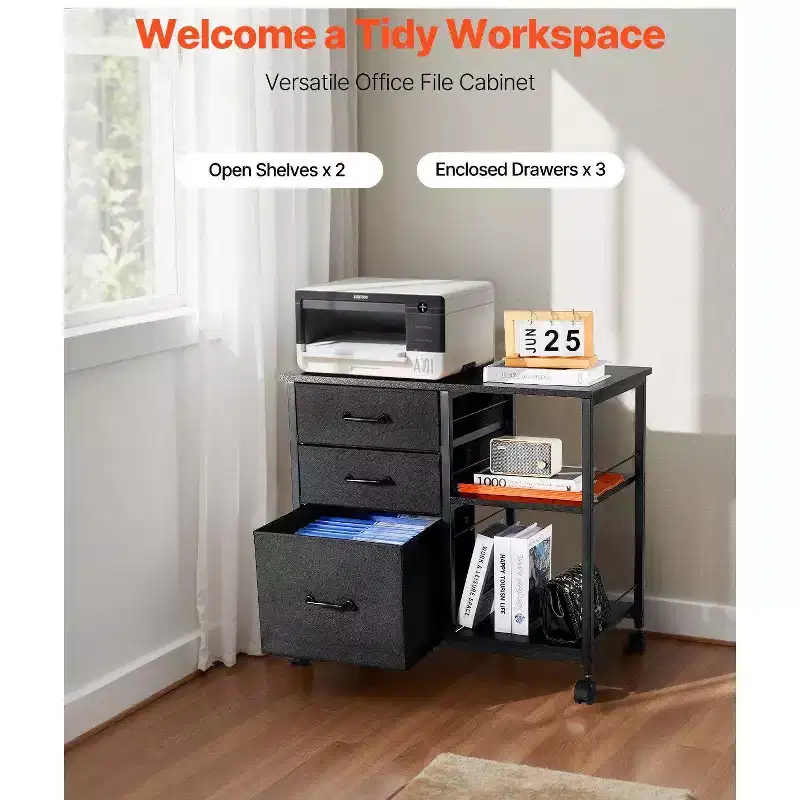 VIYET Mobile Metal File Cabinet,3 Fabric Drawers 2 Open Shelves, Wooden Accent, Wheels, Fits Letter/A4/Legal, Easy Assembly, Black