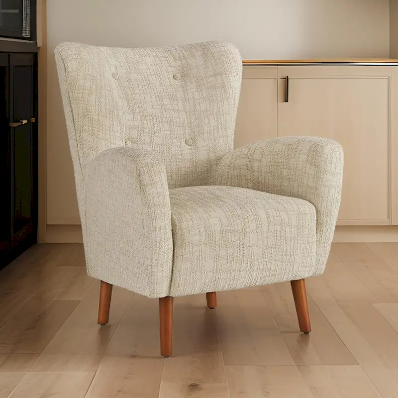 Sonie Accent Chair, Beige Polyester, Soft Cushions, Tapered Brown Wood Legs