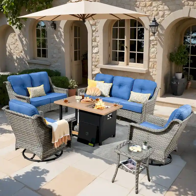 XIZZI 6-piece Outdoor High-back Furniture Swivel Chair Set with Fire Pit
