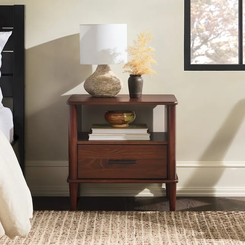 Walnut/Black/Caramel Mid-Century Spindle Nightstand, Single