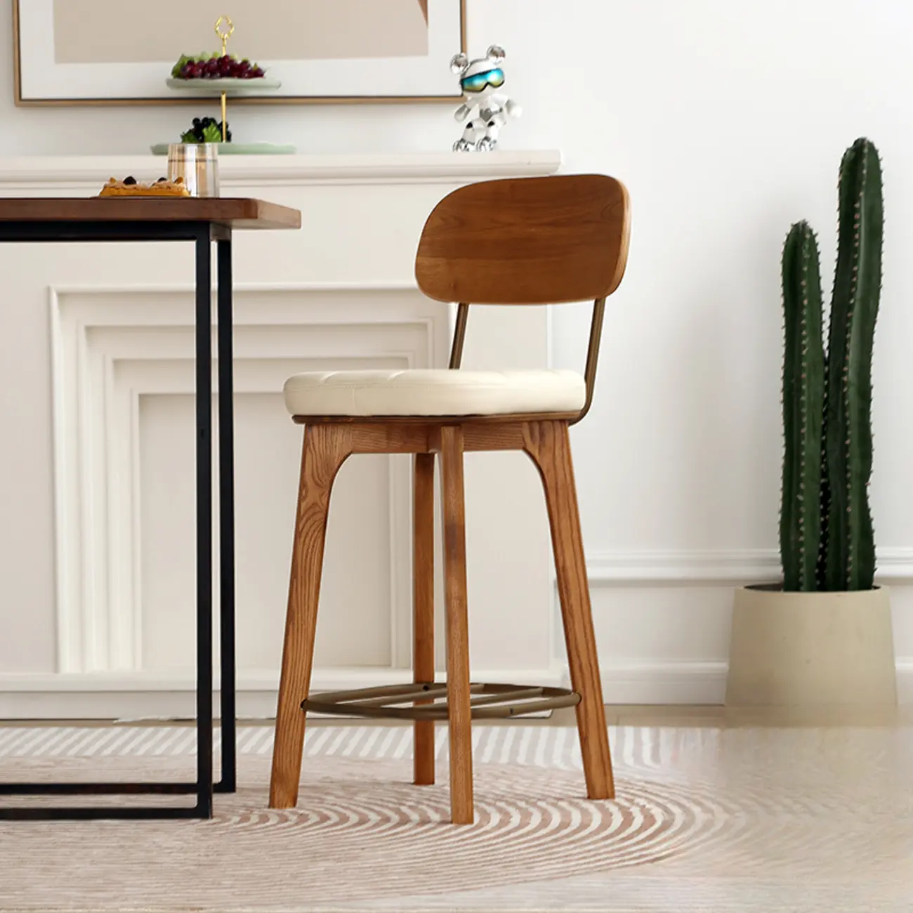 Wooden Square Leather Upholstered Bar Stool with Backrest