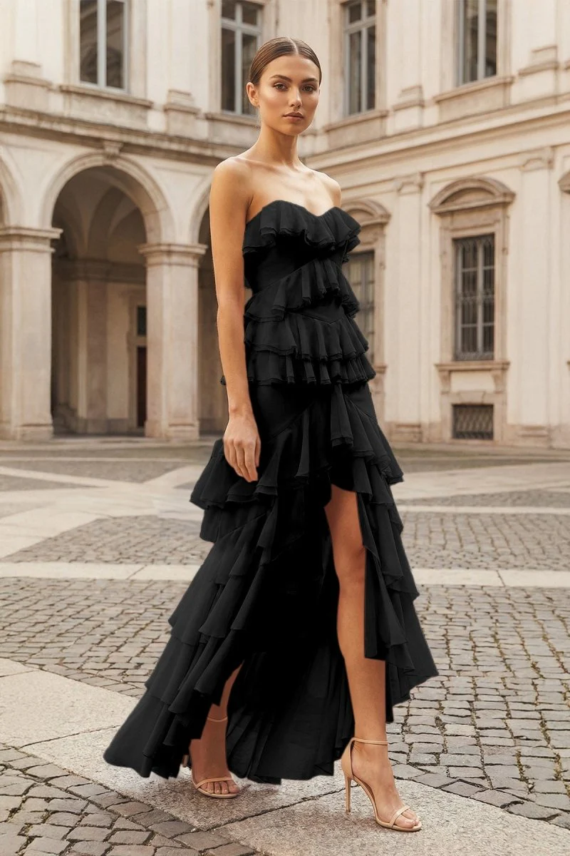 Pink Strapless Sheath Chiffon Ruffled Long Prom Dresses