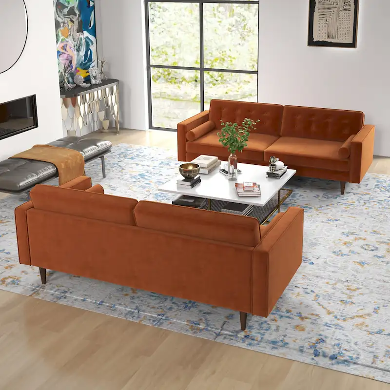 Kenzo Mid Century Pillow Back Velvet Sofa and Loveseat Set