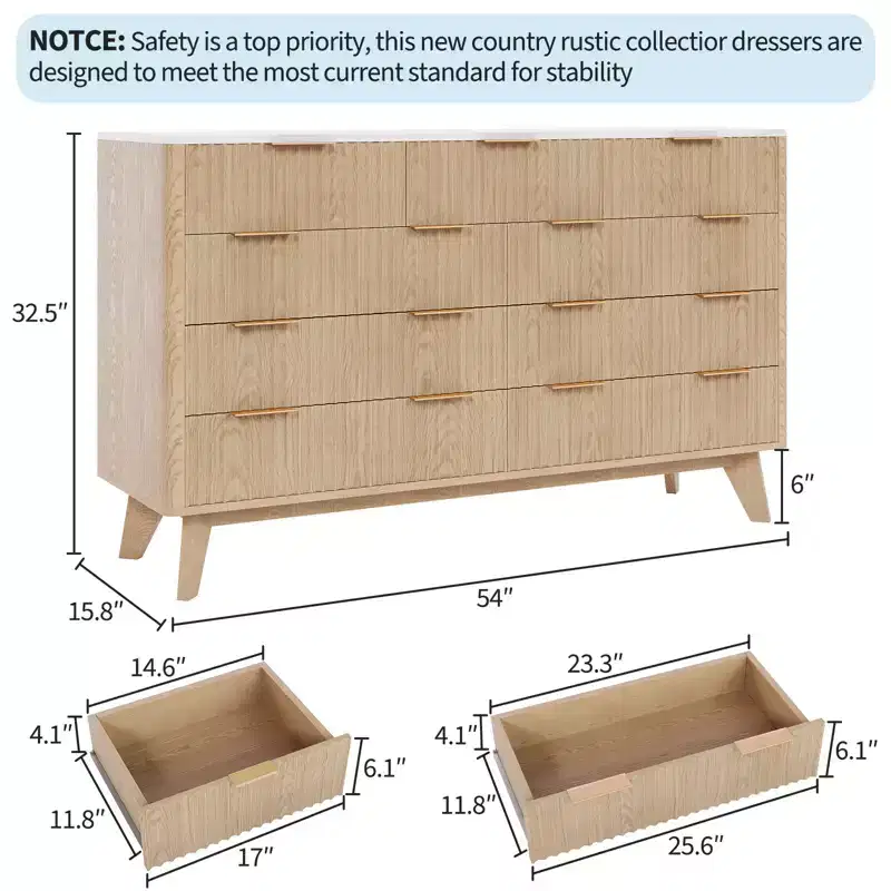 9 Drawer Dresser for Bedroom, 54W Wood Chest of Drawers with Gold Handle, Fluted Dresser TV Stand, Clothes Storage Organizer for Living Room