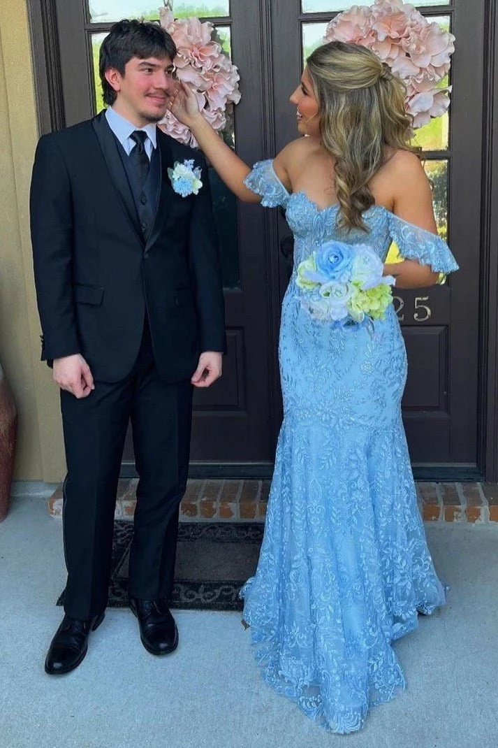 Blue Floral Lace Off-the-Shoulder Ruffle Long Prom Dress