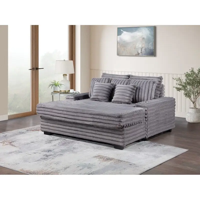 Corduroy Oversized Sofa Chaise Lounge Chair with Cupholders and USB Charging Port