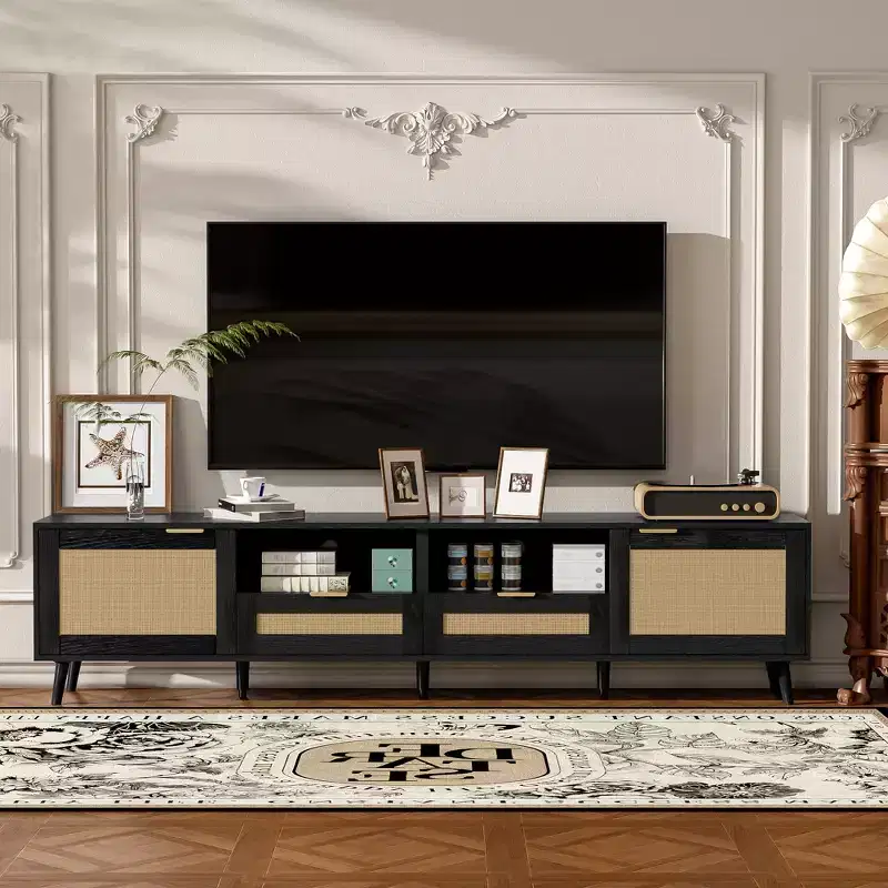 JVNOXK Rattan TV Stand for TVs up to 85'', Modern Farmhouse Media Console, Entertainment Center with Solid Wood Legs,for Living Room