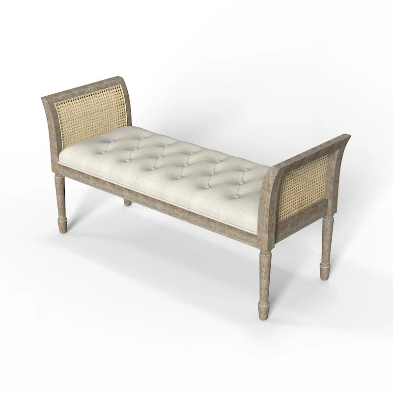 Natural Rattan & Ivory Tufted Upholstered Bench, Single Seat