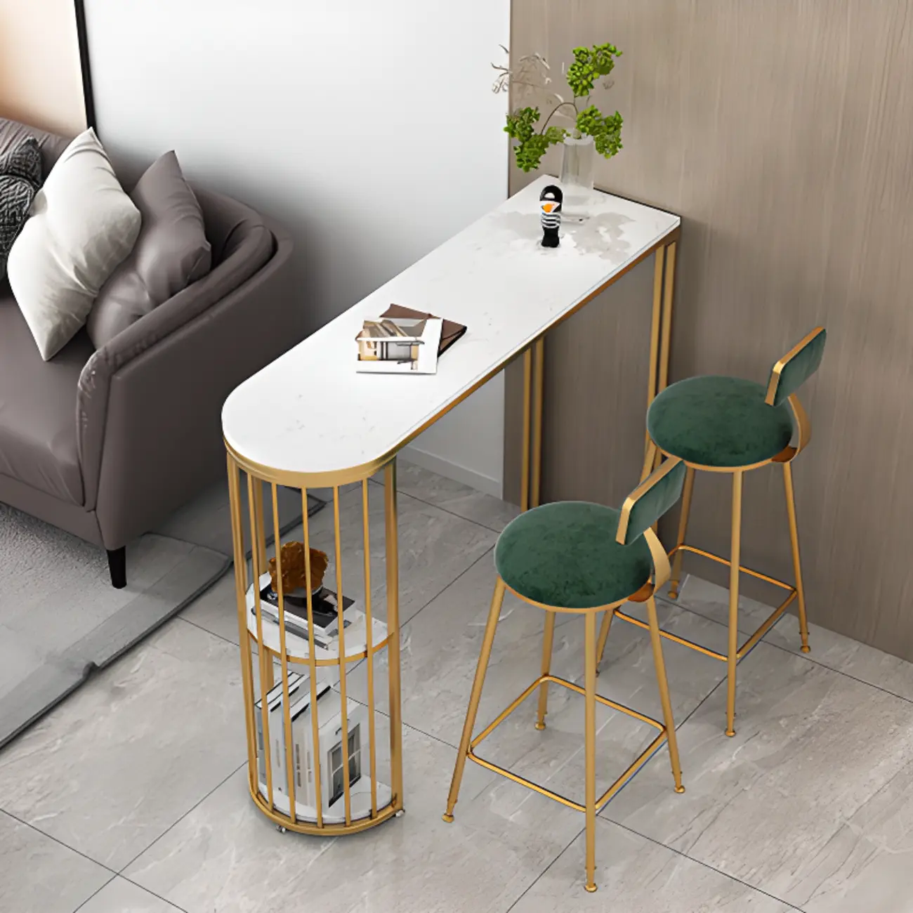 Modern Bistro Golden Bar Table Marble Top with 2 Shelves