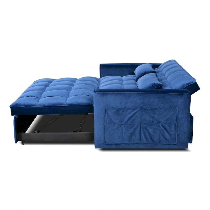 Modern Velvet Loveseat Futon Sofa Couch Pullout Bed, Small Love Seat Lounge Sofa w/Reclining Backrest, Toss Pillows, Pockets