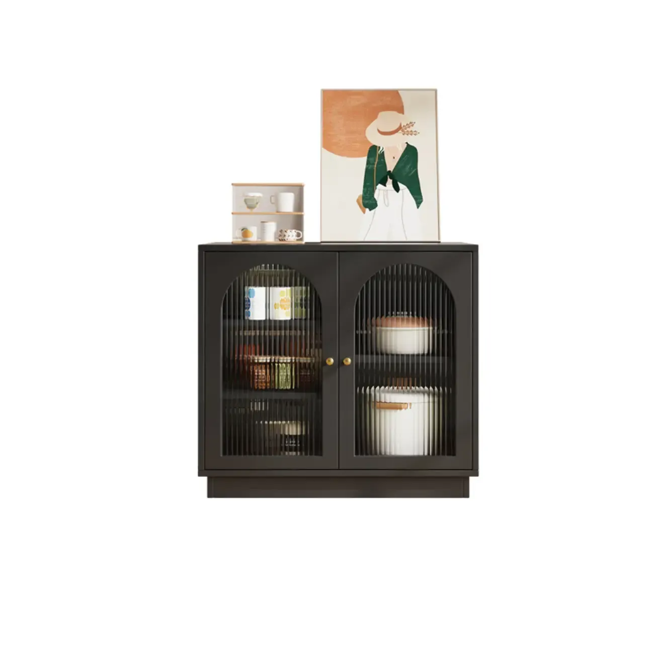 Elegant Adjustable Arched Glass Wood Buffet Cabinet with 3 Drawers