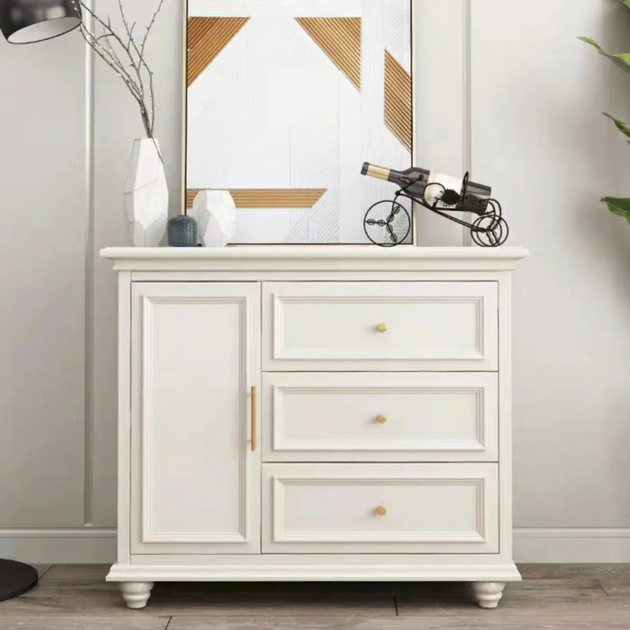 White Wooden Sideboard with 3 Drawers and Cabinets