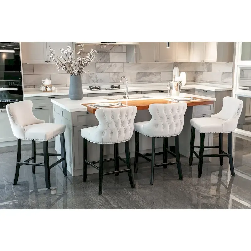 Velvet Wing-Back Barstools with Button Tufting – Set of 2