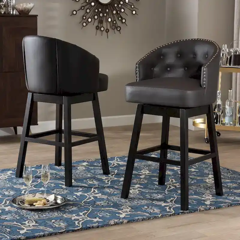 Modern and Contemporary Brown Faux Leather Tufted Swivel Barstool with Nail heads Trim (Set of 2)