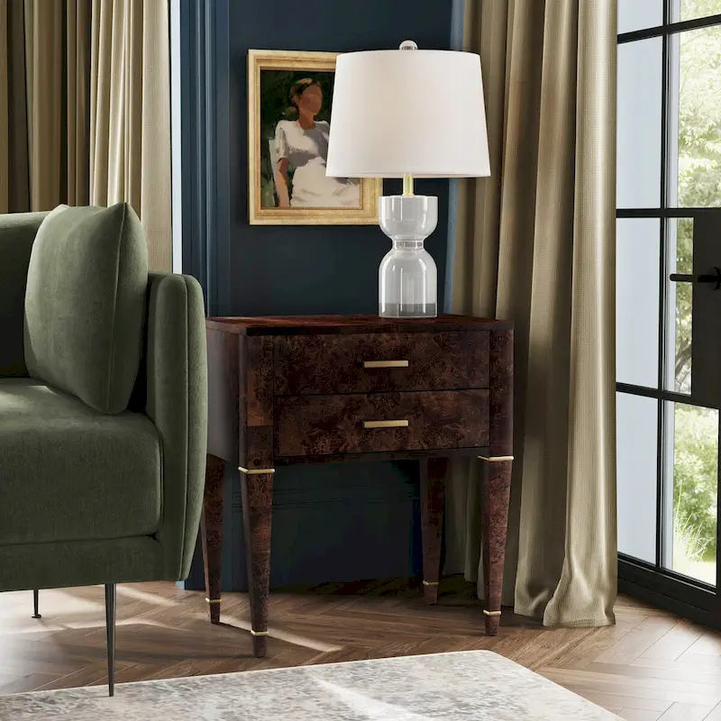 Double Drawer Burl Wood Side Table