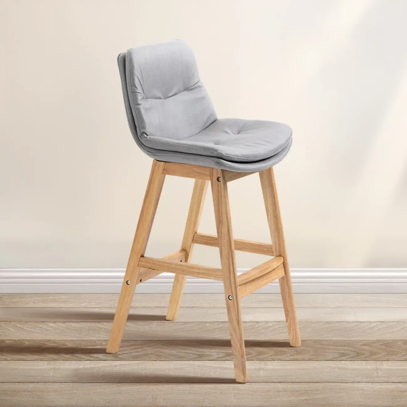 Scandinavian Wood Frame Leather Ergonomic Bucket Bar Stool