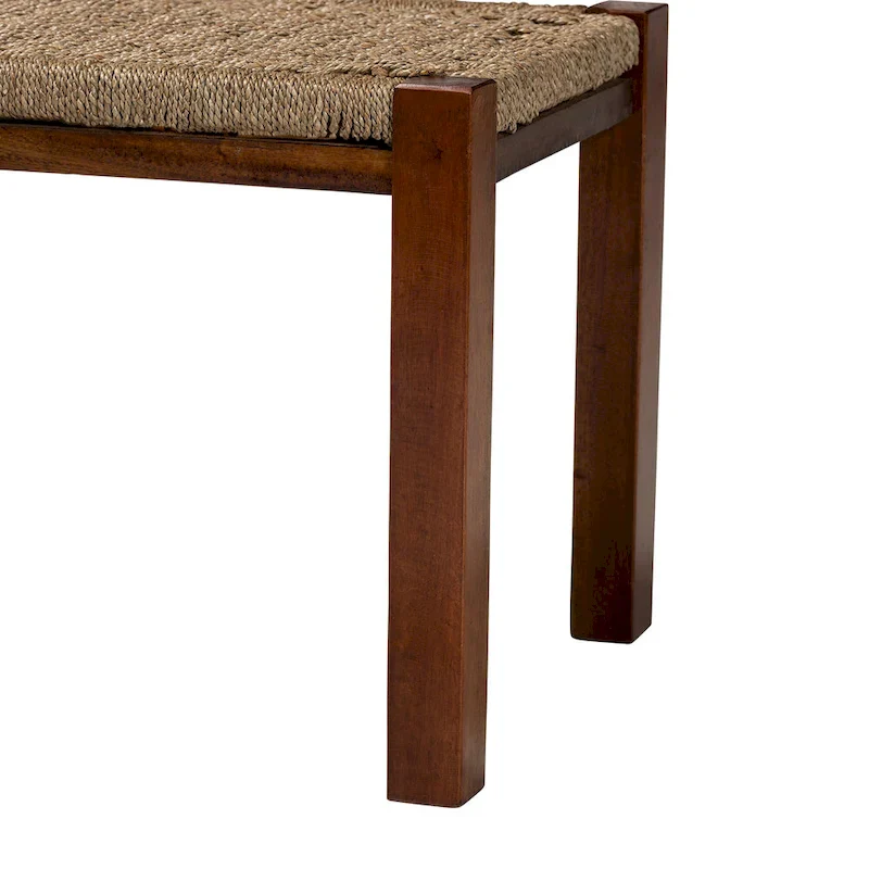 Hermes Mid-Century Modern Transitional Natural Seagrass and Mahogany Wood Bench
