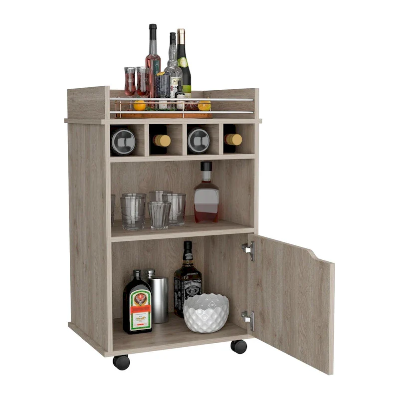 Bar Cart with 2 Open Shelves 4 Cubbies and Cabinet