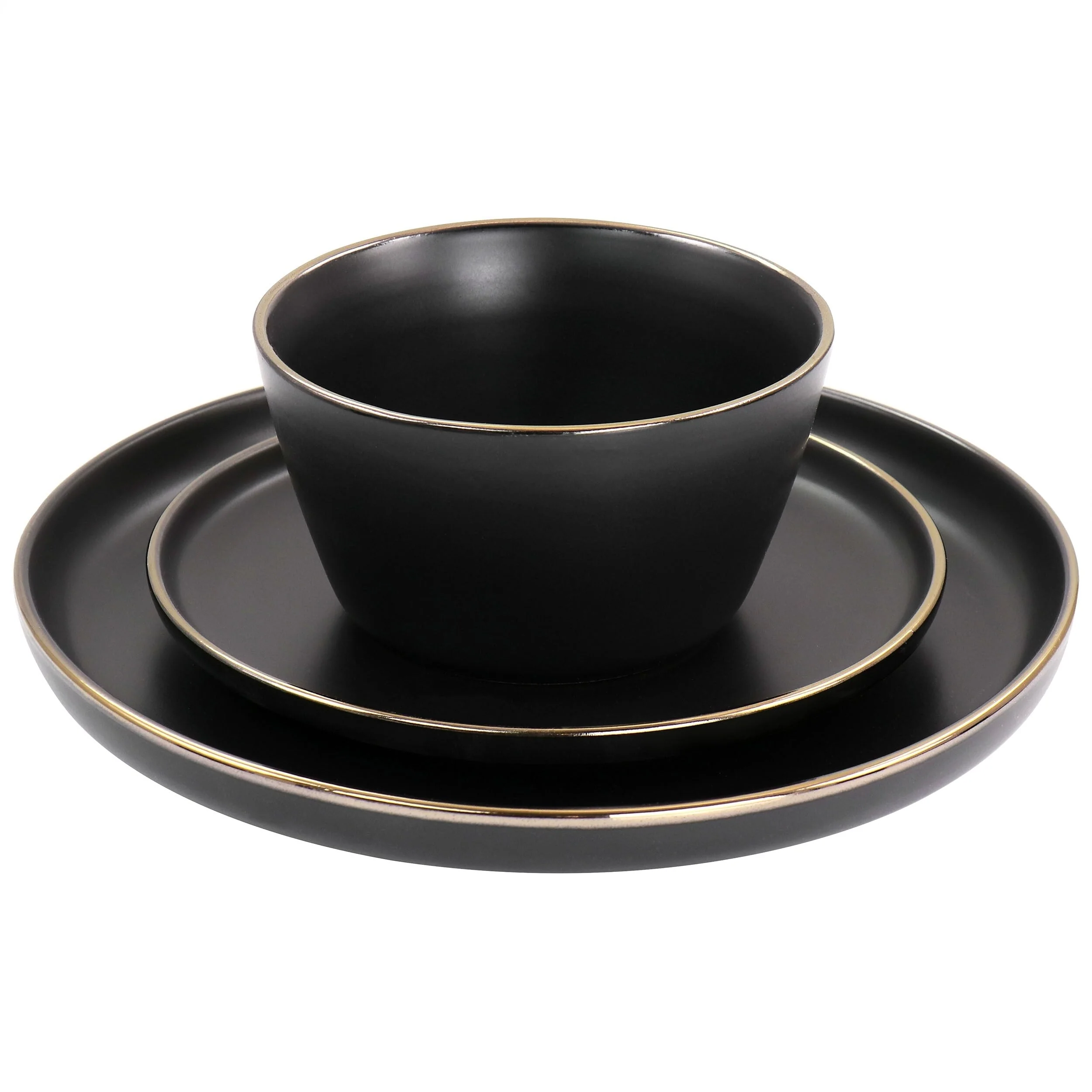 Stoneware Dinnerware 16 Piece Set in Black with Gold Rim