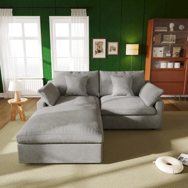 82.68   Down Filled Sectional Couch L-shape Linen Upholstered Loveseat with Ottoman