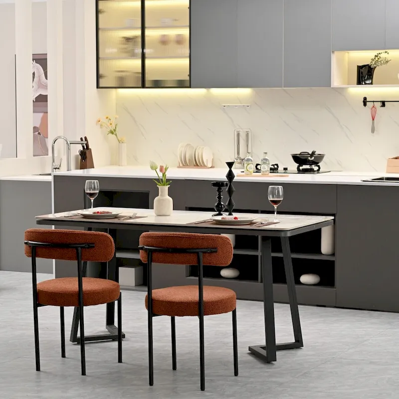 Boucle Dining Chairs Set of 2,Mid-Century Modern Curved Backrest Chair,Round Upholstered Kitchen Chairs