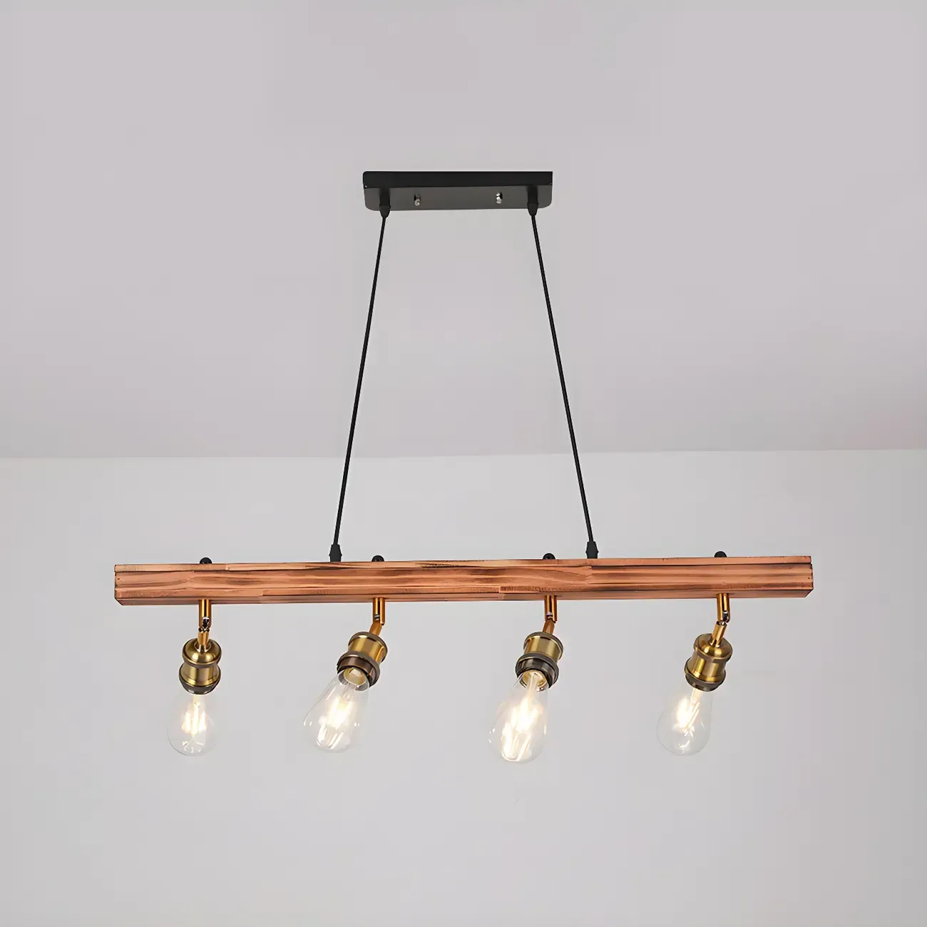 Industrial Brown Wood Brass Adjustable 31.5 Pendant Light