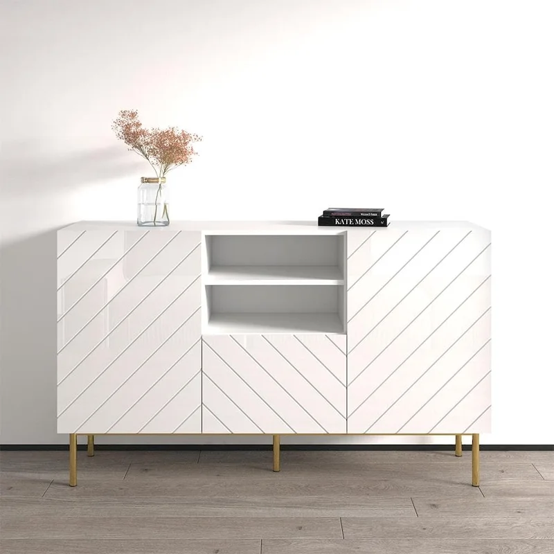 High Gloss Sideboard, White/Black, Modern Buffet Credenza, 59