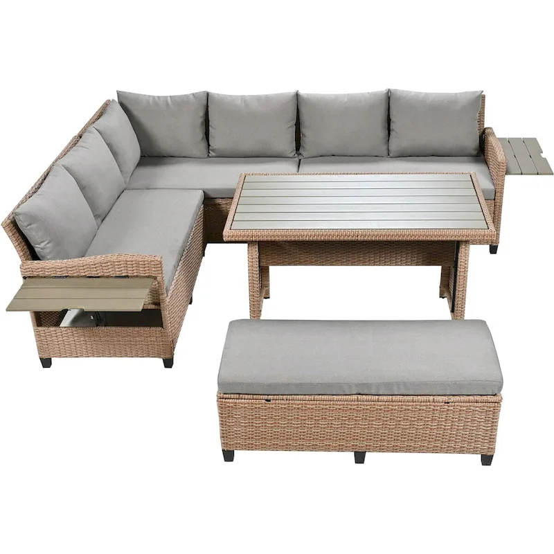 Brown PE Wicker Rattan L-Shaped Sectional Sofa Set