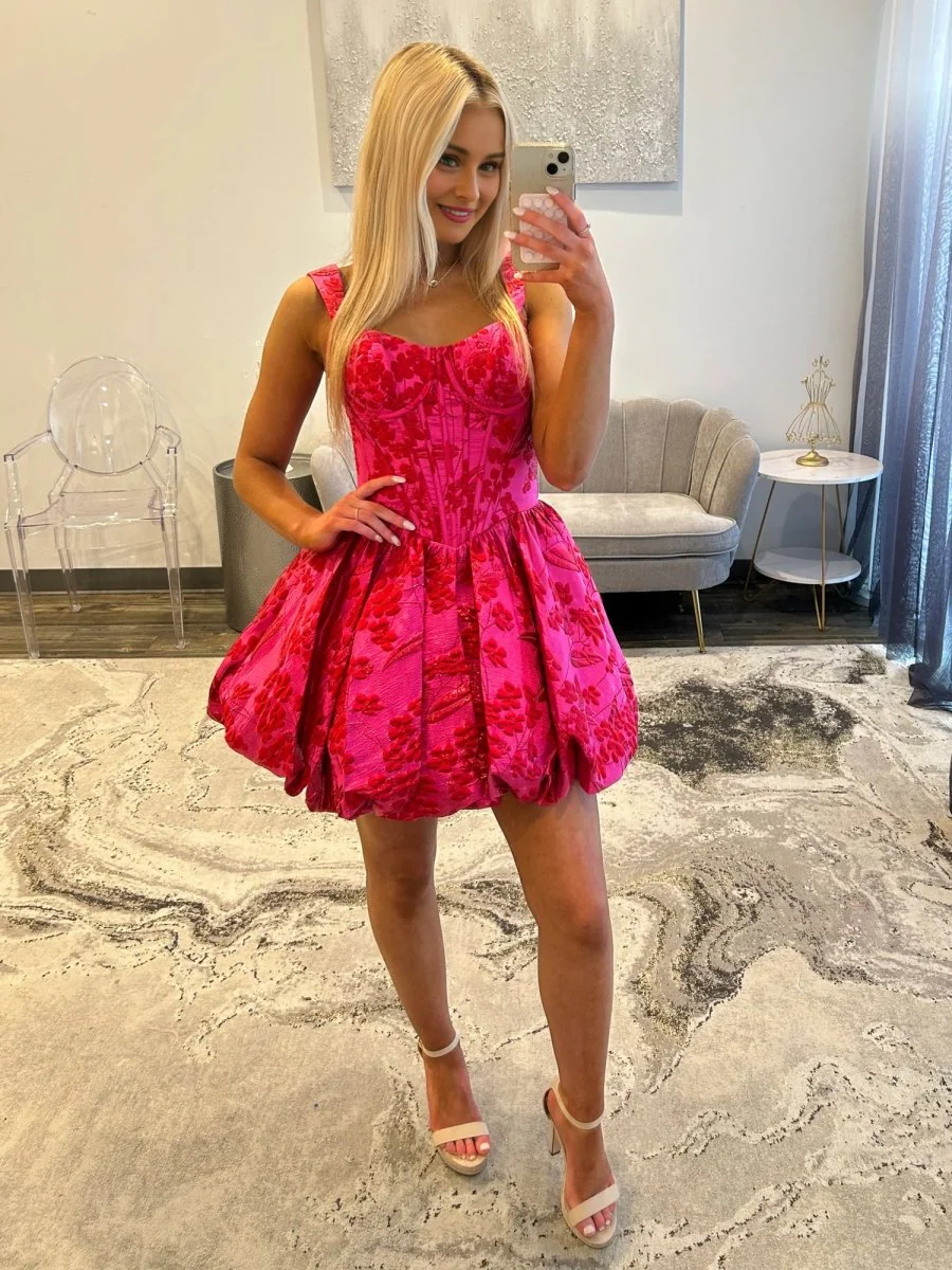 Fuchsia - Spaghetti Straps A Line Floral Ruched Short Homecoming Dress