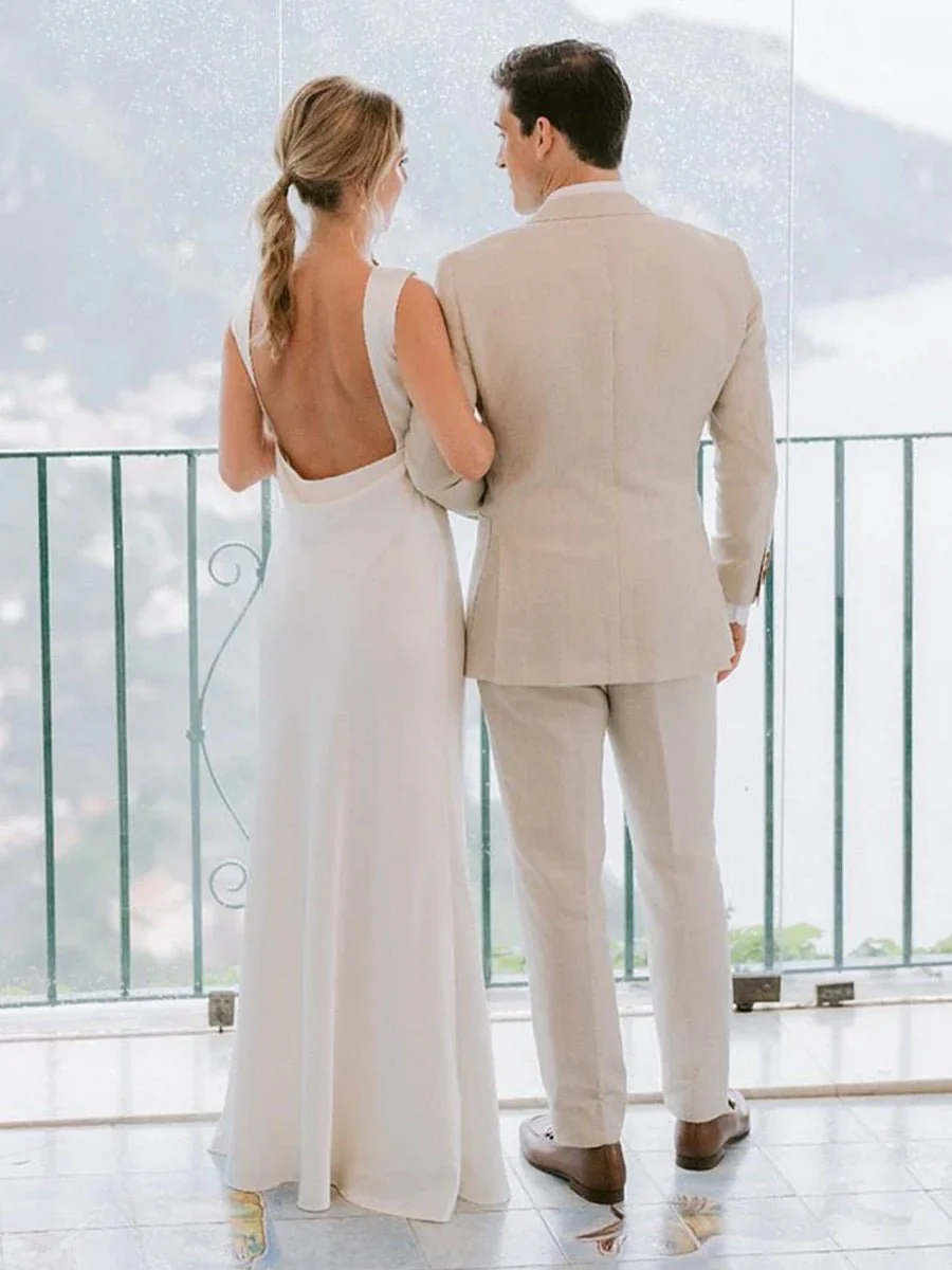 Sheath High Bateau Neck Backless Silk Satin Wedding Dress