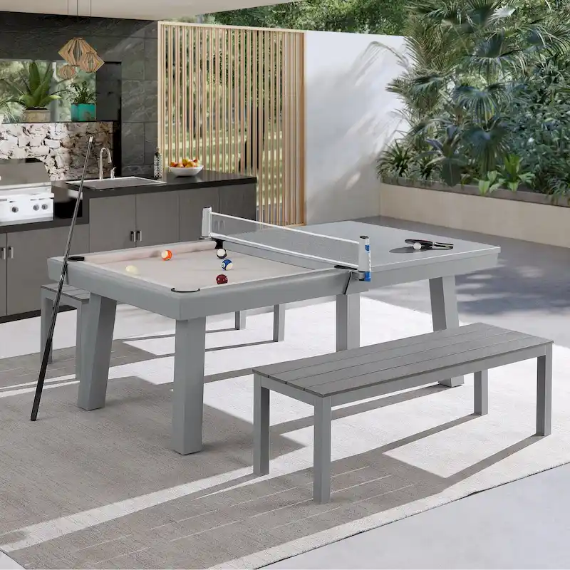 Indoor/Outdoor 7ft Slate Pool Table Dining Set with 2 Benches & Accessories, Cement Finish