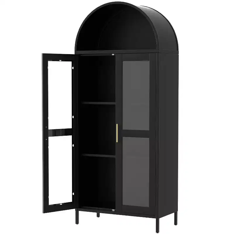 GustoWave Modern Arched Metal Cabinet with Glass Doors & 2 Adjustable Shelves, Freestanding Pantry Storage  Display Organizer