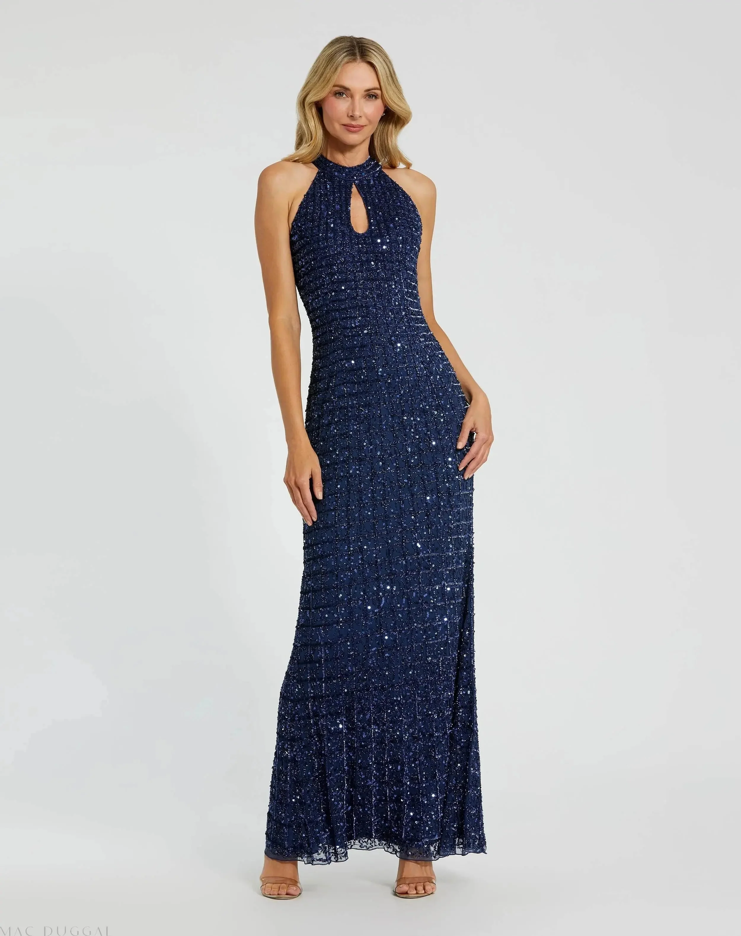 Blue Embellished Halter Neck Keyhole Gown