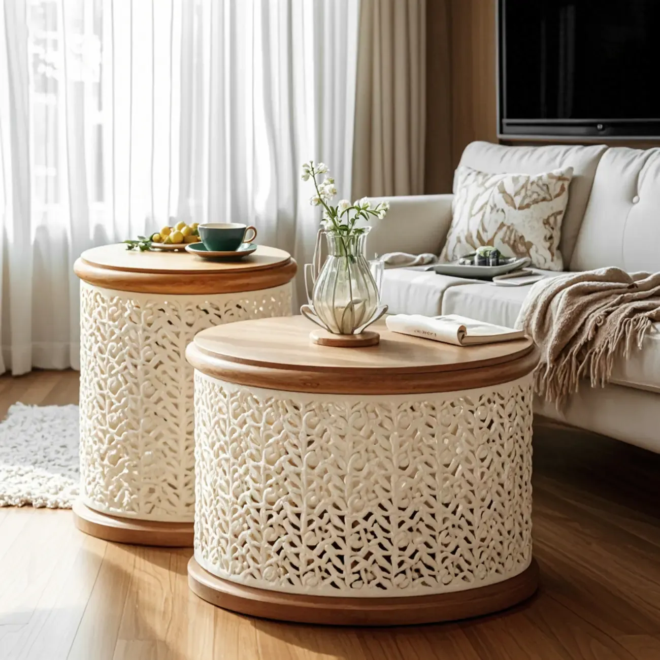 Natural Sophisticated Hollowed French Round Wood Coffee Table