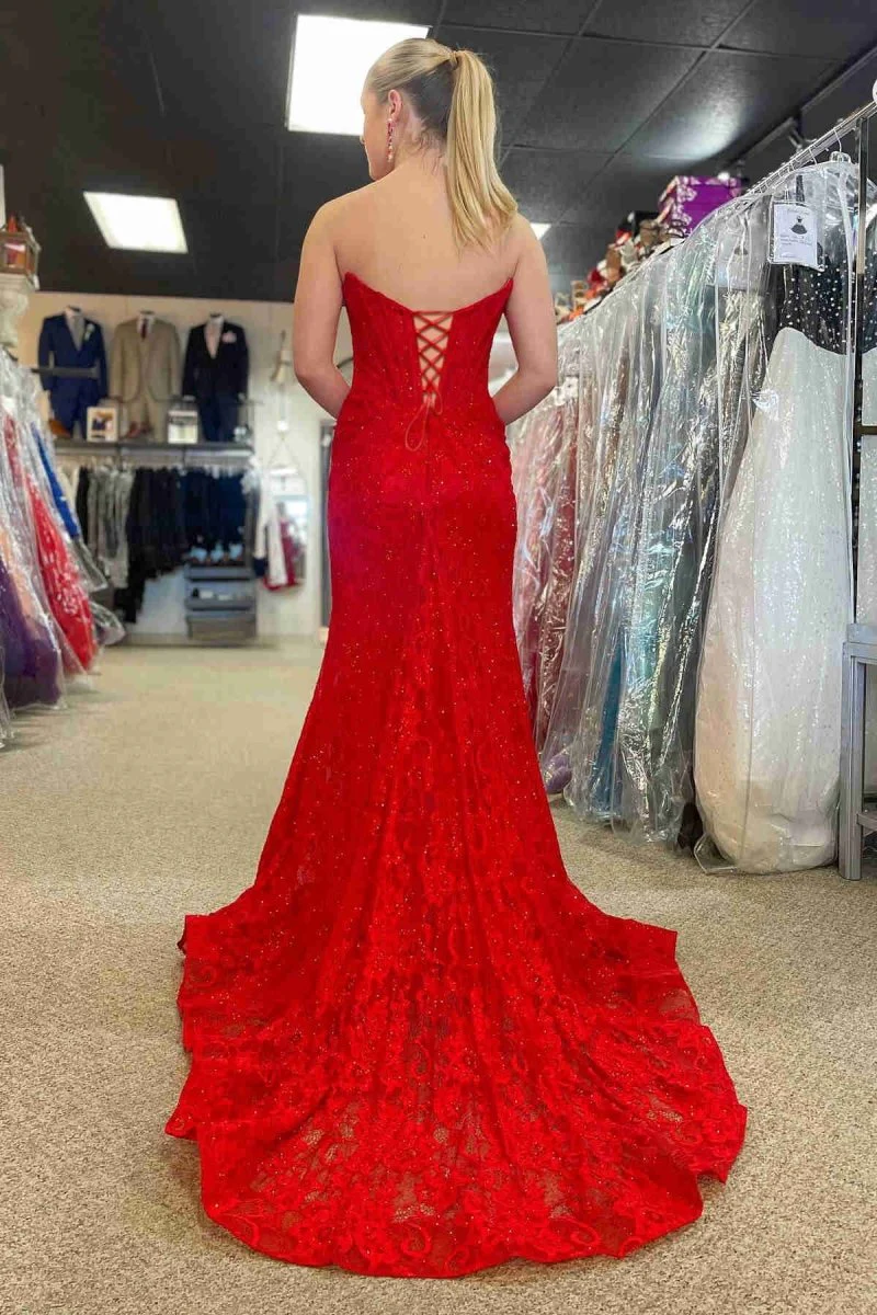 Lavender Strapless Lace Ruched Mermaid Prom Dress with Slit