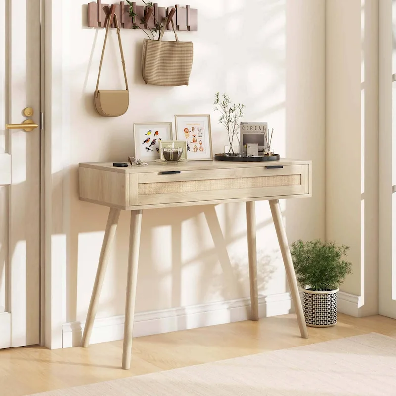 Costway Rattan Console Table with Pull-out Drawer Boho Style Entryway - See Details