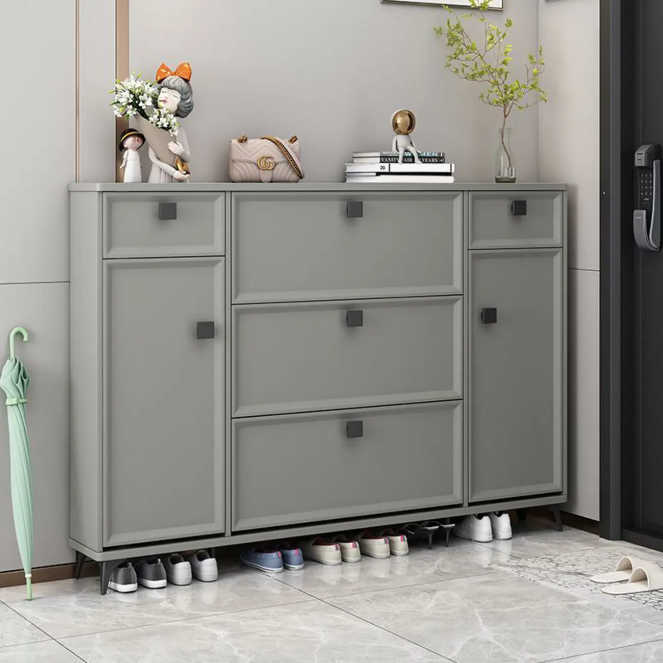 Contemporary Green Wood Shoe Cabinet for Entryway