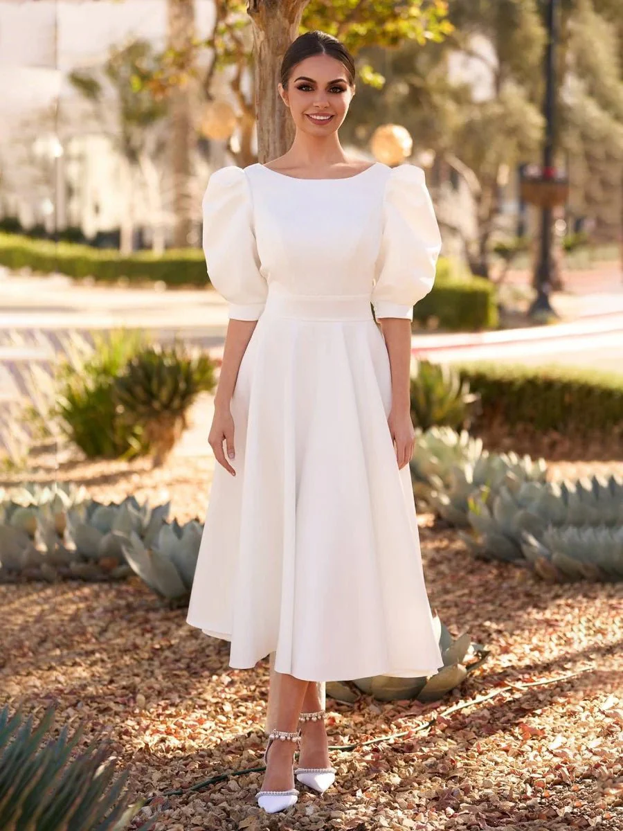 Elegant Bateau A Line Satin Knee-length Wedding Dress