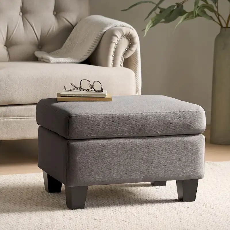 Upholstered Fabric Ottoman with Birch Wood Legs