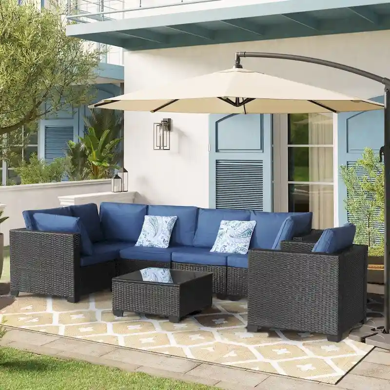 7 Pieces Patio Furniture Sets with Blue Cushions and Coffee Table
