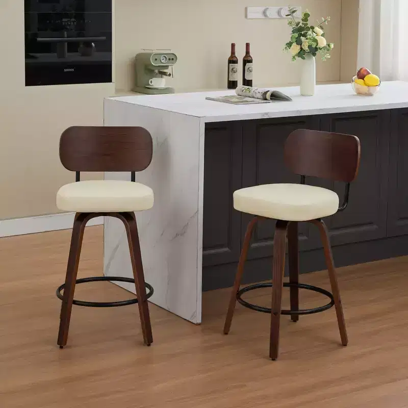 CLIHOME Set of 2 Swivel Bar Stools, 26 Upholstered Faux Leather Counter Height Barstools with Walnut Back & Bentwood Legs