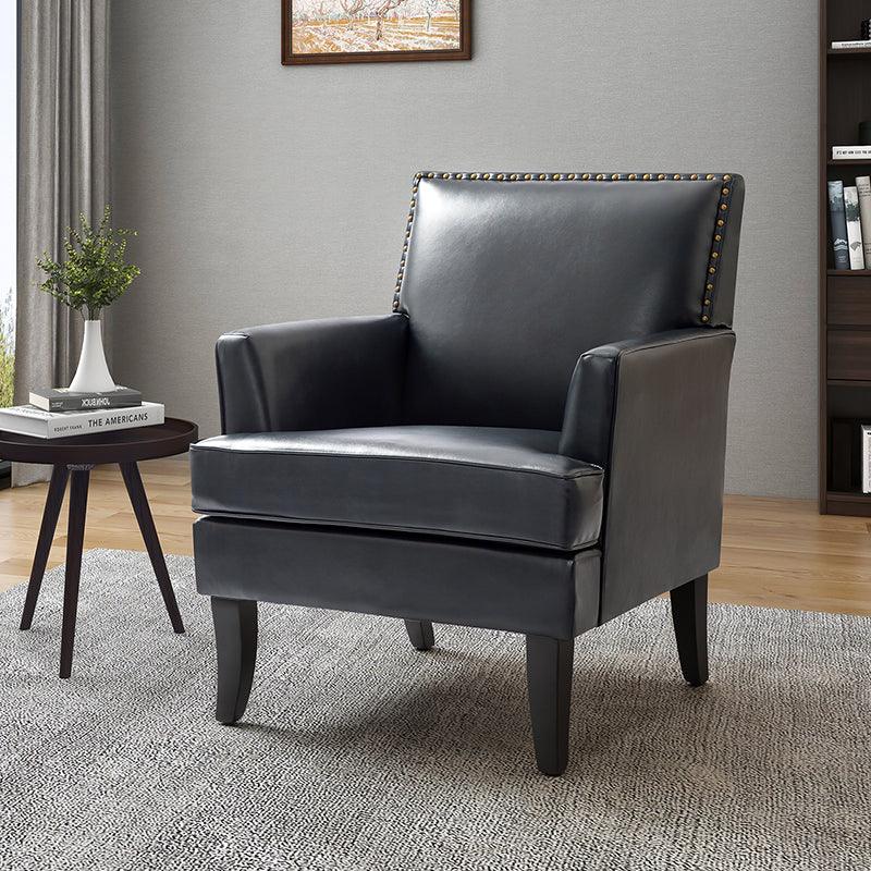 PU Leather Armchair with Nailhead Trim Backrest, Foam Fill & Black Solid Wood Legs | Brown / Navy / Sage / Grey | Single Seat