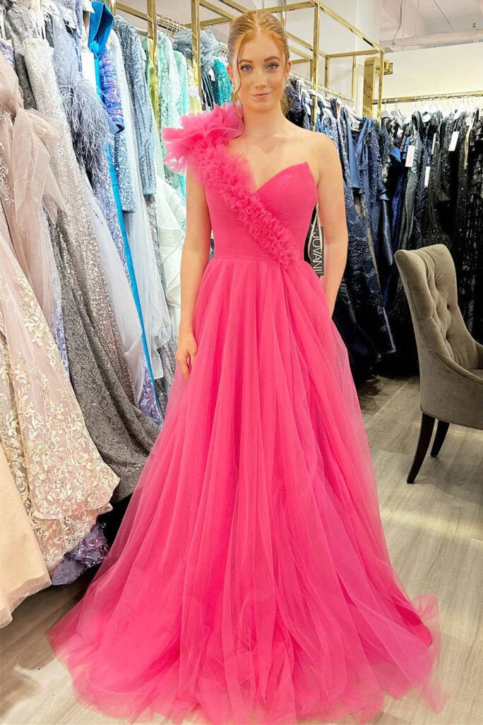 A-Line One Shoulder Long Tulle Prom Dress with Ruffles