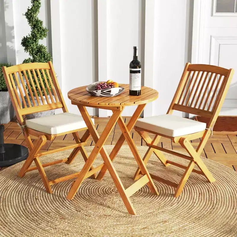 Costway 3 PCS Acacia Wood Patio Bistro Set Folding Table & Chairs Set with Cushions Beige/Navy