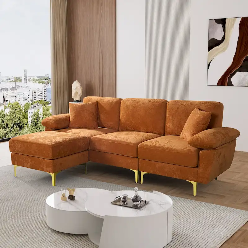 Upholstered Velvet Sectional Sofa with Pillows & Ottoman