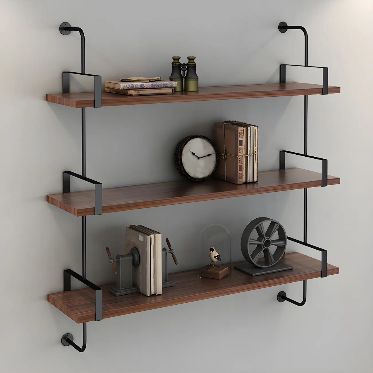 Industrial Wide 3-Tier Wooden Floating Bookcase