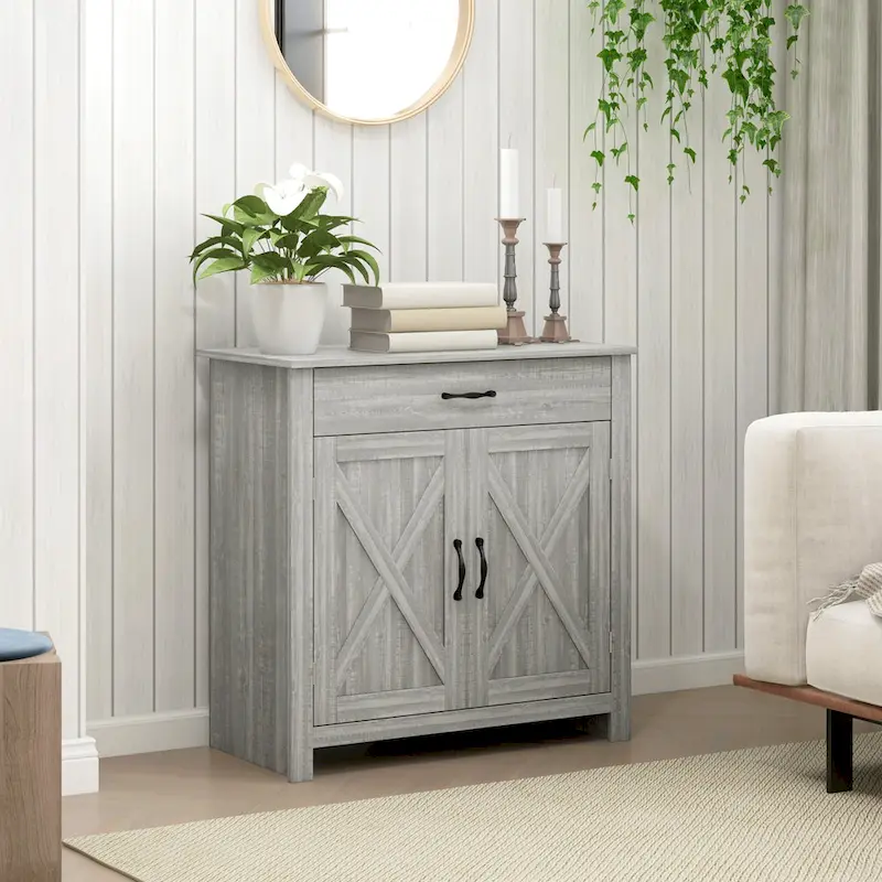 Farmhouse Sideboard Buffet Cabinet, Barn Door Coffee Bar Cabinet with Drawer and Adjustable Shelf